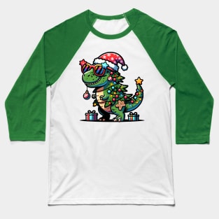 Tree-Rex Holiday Dinosaur - Christmas Tree T-Rex TreeRex Pun with Santa Hat, Lights and Ornaments Baseball T-Shirt